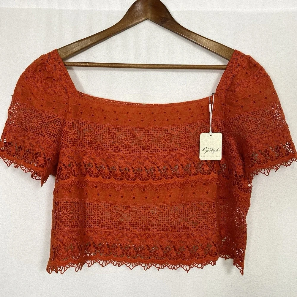 Free People Sz Large Crop Top Crochet Boho Chic Beach Summer Coastal Dainty NWT